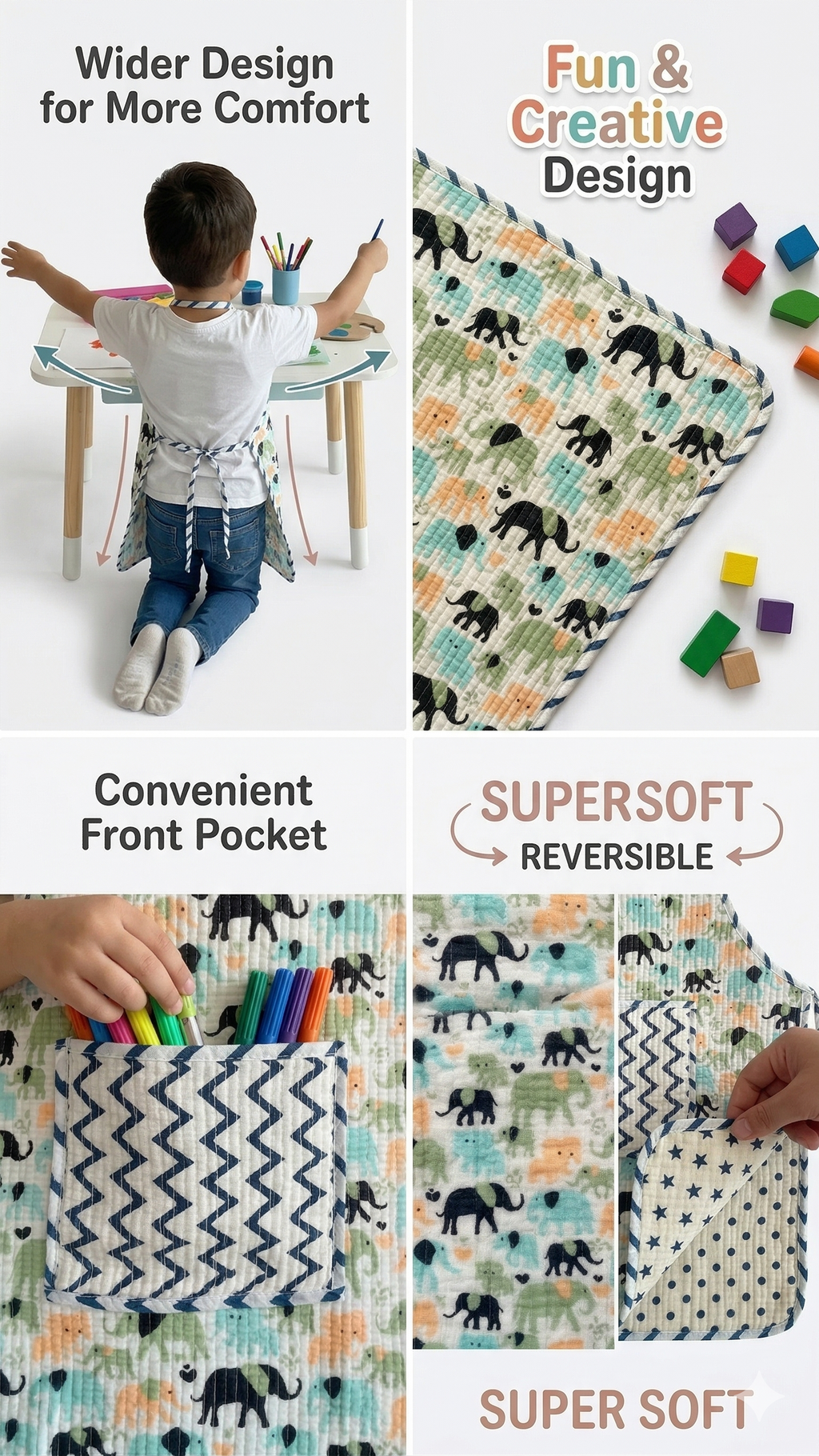 Kids Aprons-assorted-0-12 Years and Free Size  Elephant Print Design