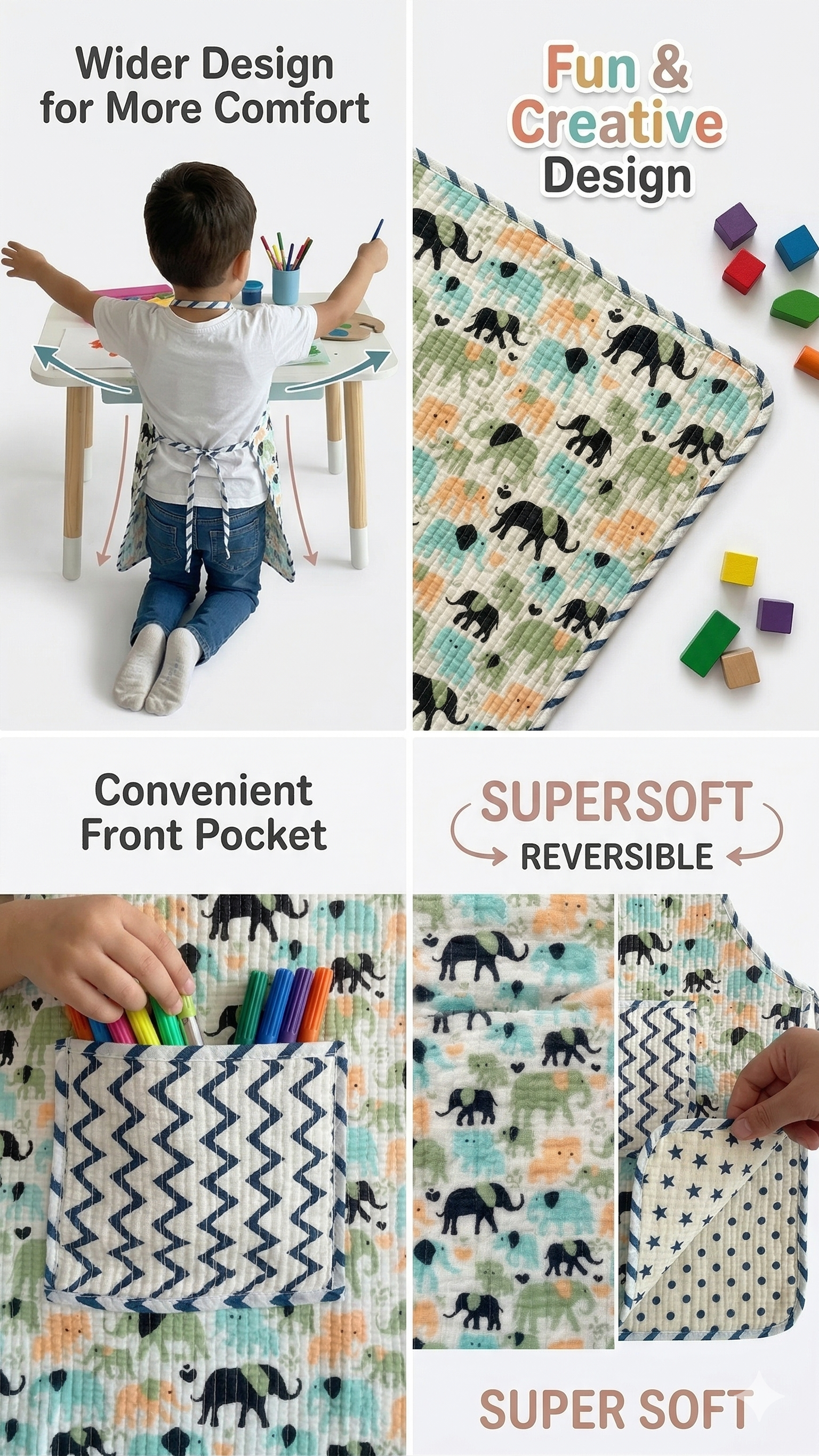 Kids Aprons-assorted-0-12 Years and Free Size  Elephant Print Design