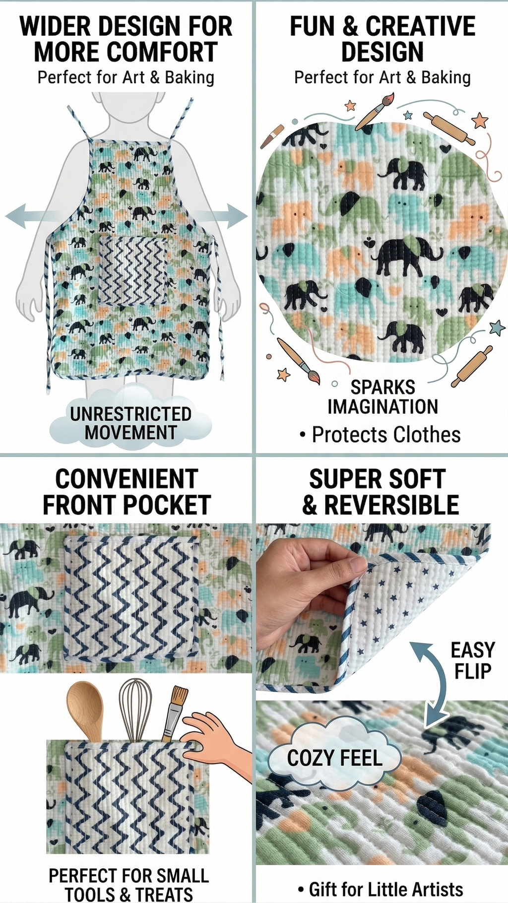 Kids Aprons-assorted-0-12 Years and Free Size  Elephant Print Design