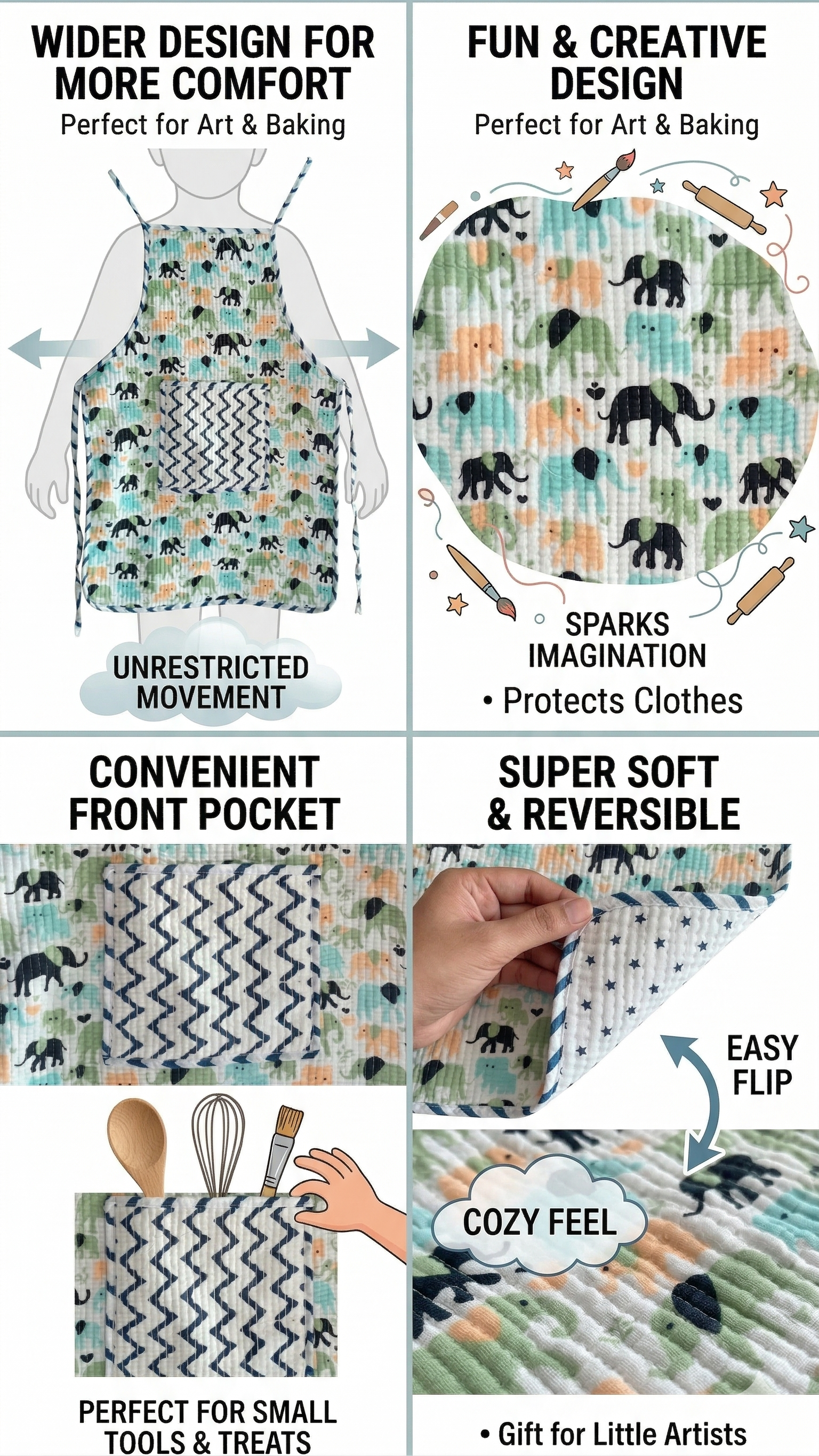 Kids Aprons-assorted-0-12 Years and Free Size  Elephant Print Design