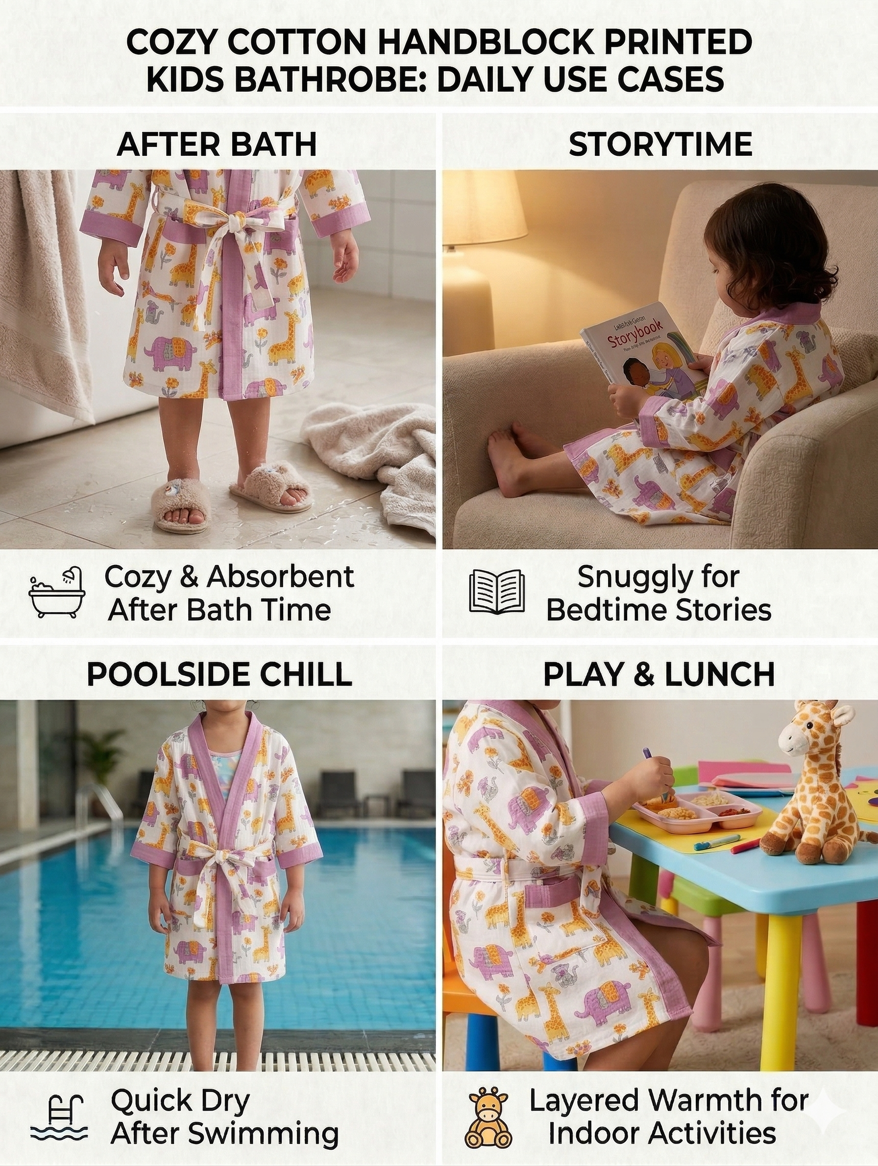 Kids 100% Cotton Waffle Bathrobe - Giraffe & Elephant Print - Purple/Yellow