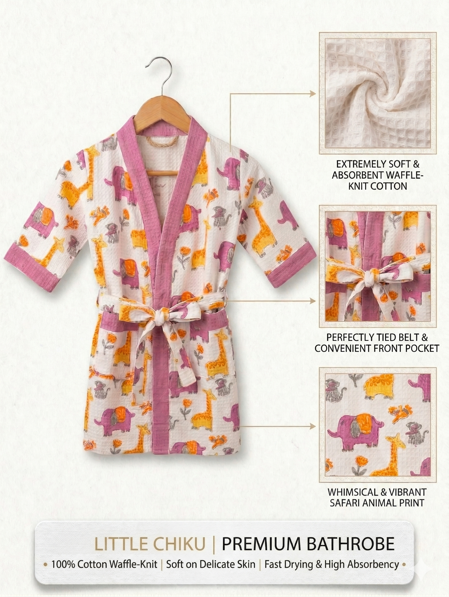 Kids 100% Cotton Waffle Bathrobe - Giraffe & Elephant Print - Purple/Yellow