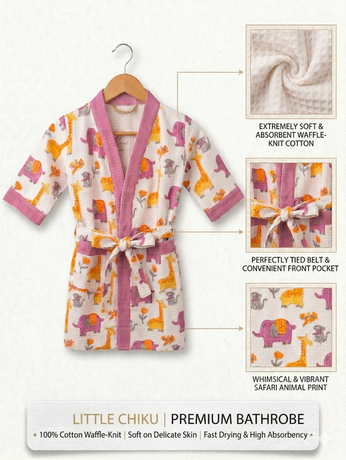 Kids 100% Cotton Waffle Bathrobe - Giraffe & Elephant Print - Purple/Yellow