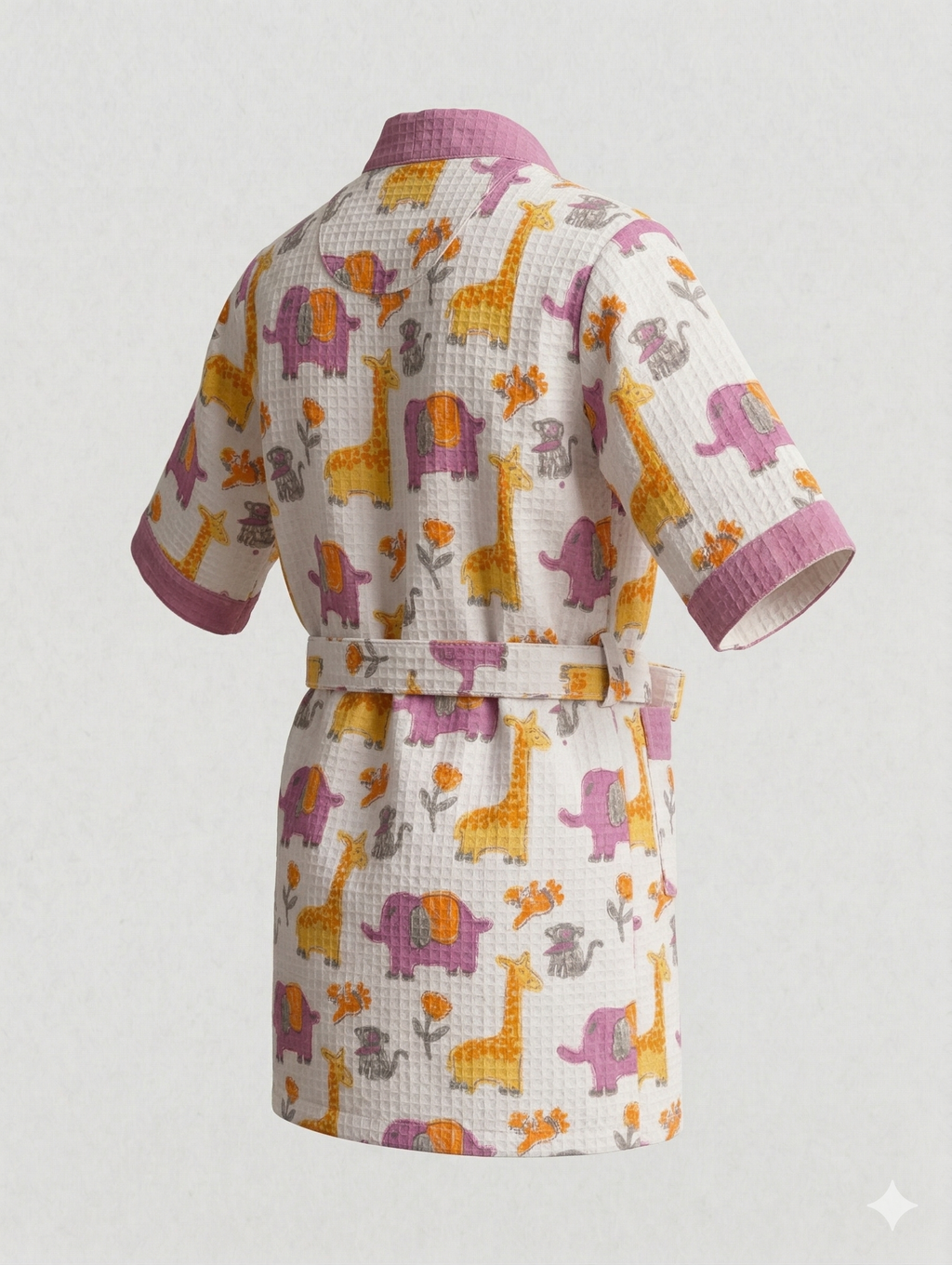 Kids 100% Cotton Waffle Bathrobe - Giraffe & Elephant Print - Purple/Yellow