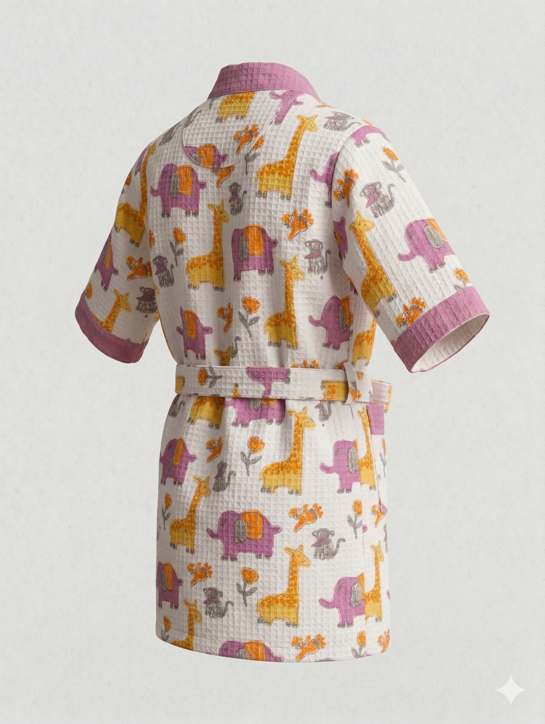 Kids 100% Cotton Waffle Bathrobe - Giraffe & Elephant Print - Purple/Yellow