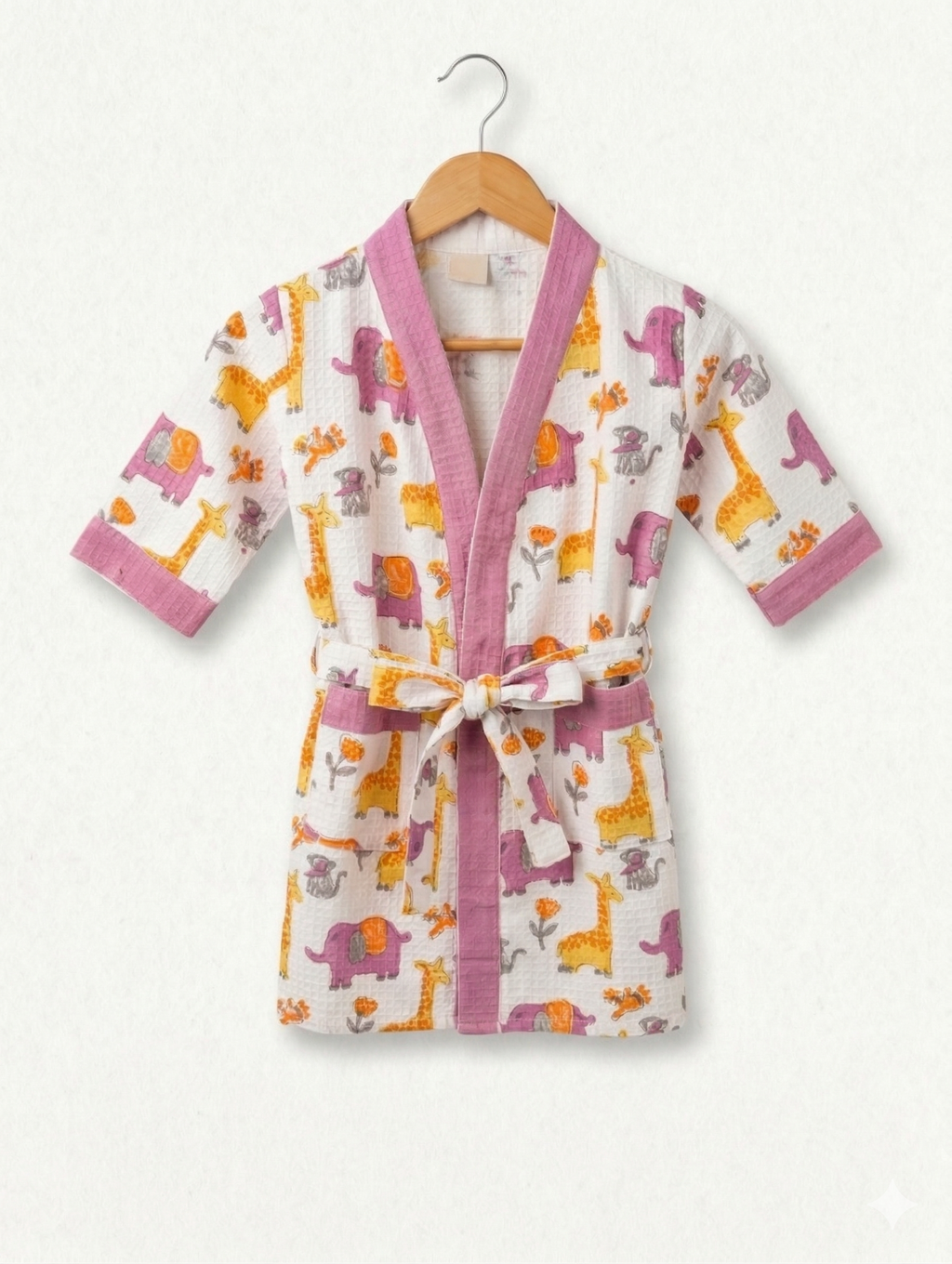 Kids 100% Cotton Waffle Bathrobe - Giraffe & Elephant Print - Purple/Yellow