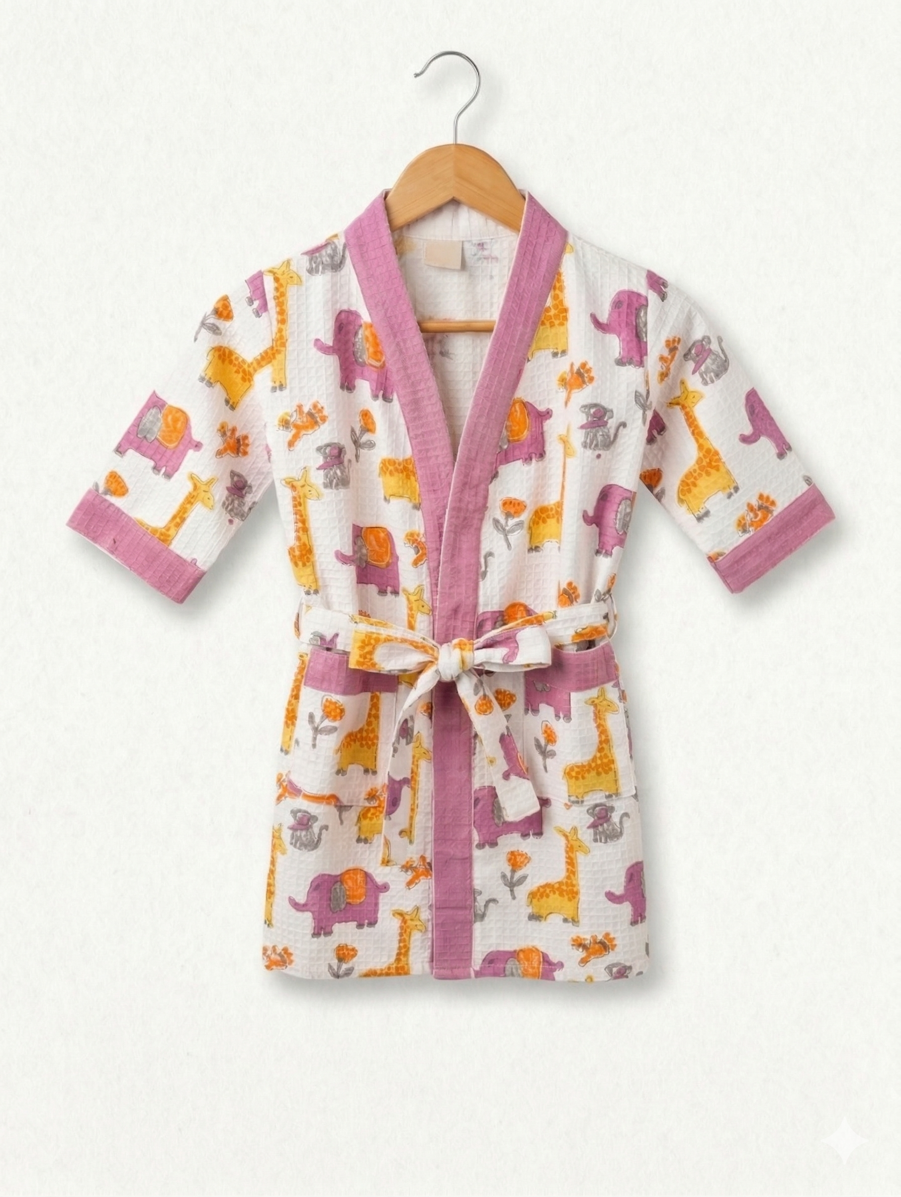 Kids 100% Cotton Waffle Bathrobe - Giraffe & Elephant Print - Purple/Yellow