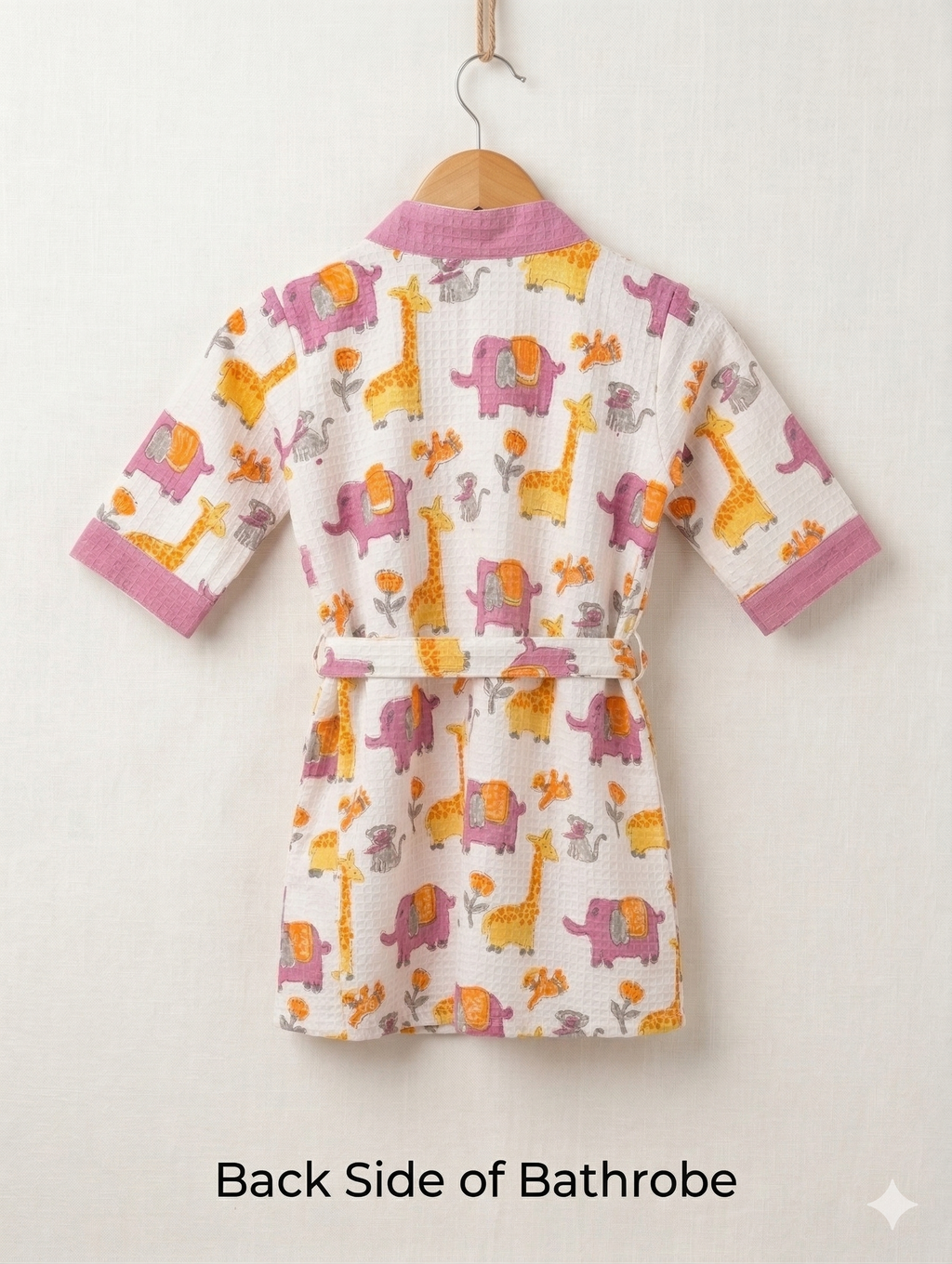 Kids 100% Cotton Waffle Bathrobe - Giraffe & Elephant Print - Purple/Yellow