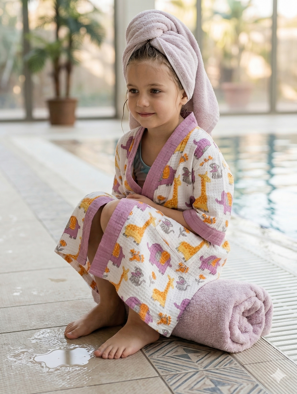 Kids 100% Cotton Waffle Bathrobe - Giraffe & Elephant Print - Purple/Yellow
