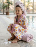 Kids 100% Cotton Waffle Bathrobe - Giraffe & Elephant Print - Purple/Yellow