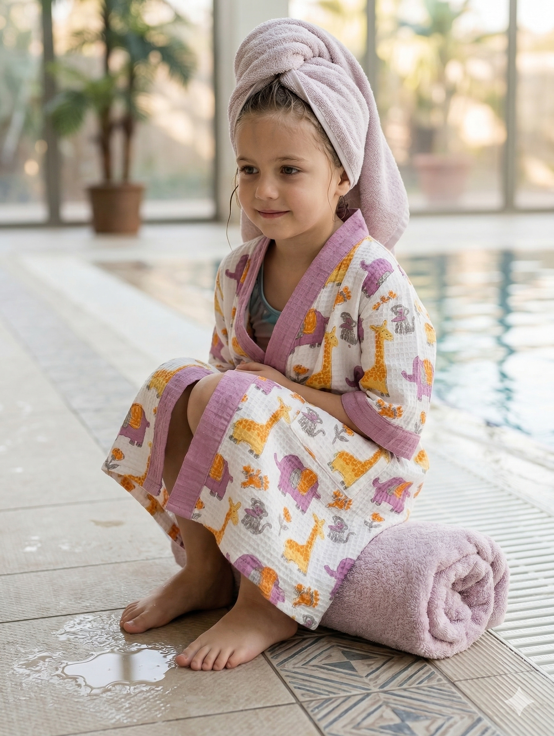 Kids 100% Cotton Waffle Bathrobe - Giraffe & Elephant Print - Purple/Yellow