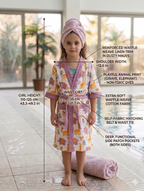 Kids 100% Cotton Waffle Bathrobe - Giraffe & Elephant Print - Purple/Yellow