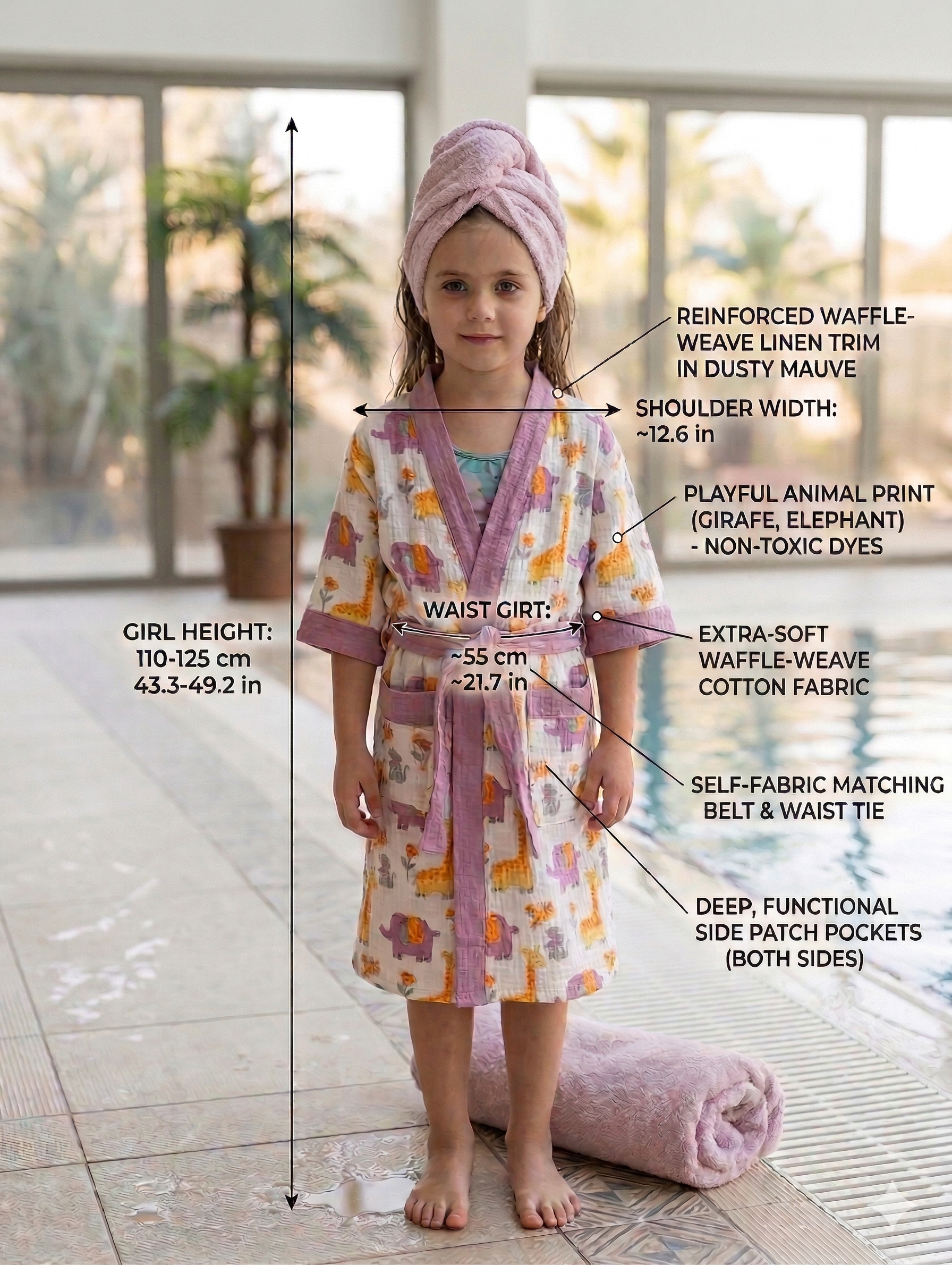 Kids 100% Cotton Waffle Bathrobe - Giraffe & Elephant Print - Purple/Yellow