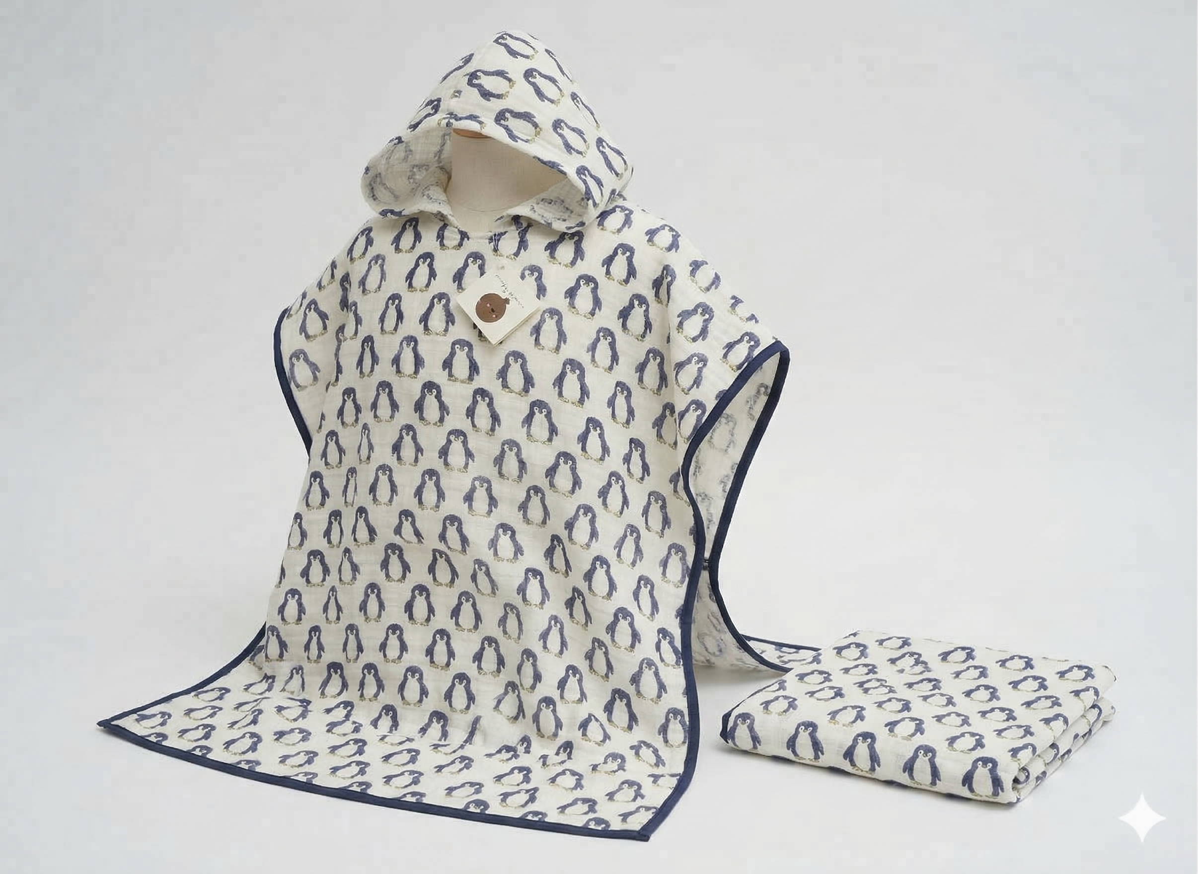 Penguin Print 100% Waffle Cotton Baby Hooded Penguin Hooded Poncho Towel