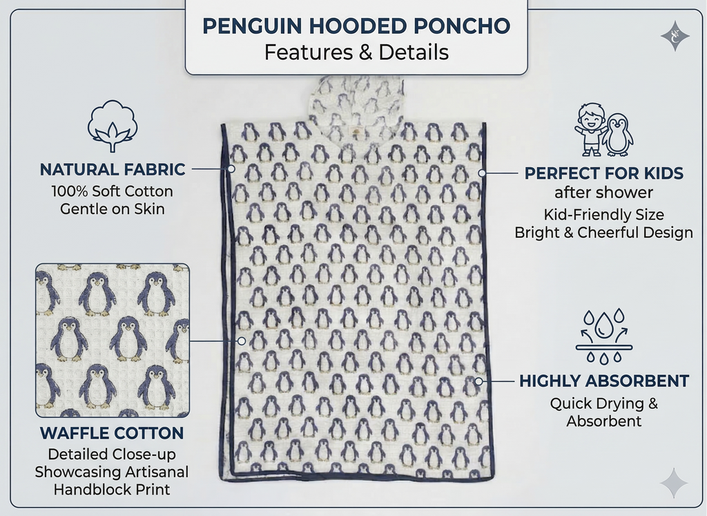Penguin Print 100% Waffle Cotton Baby Hooded Penguin Hooded Poncho Towel
