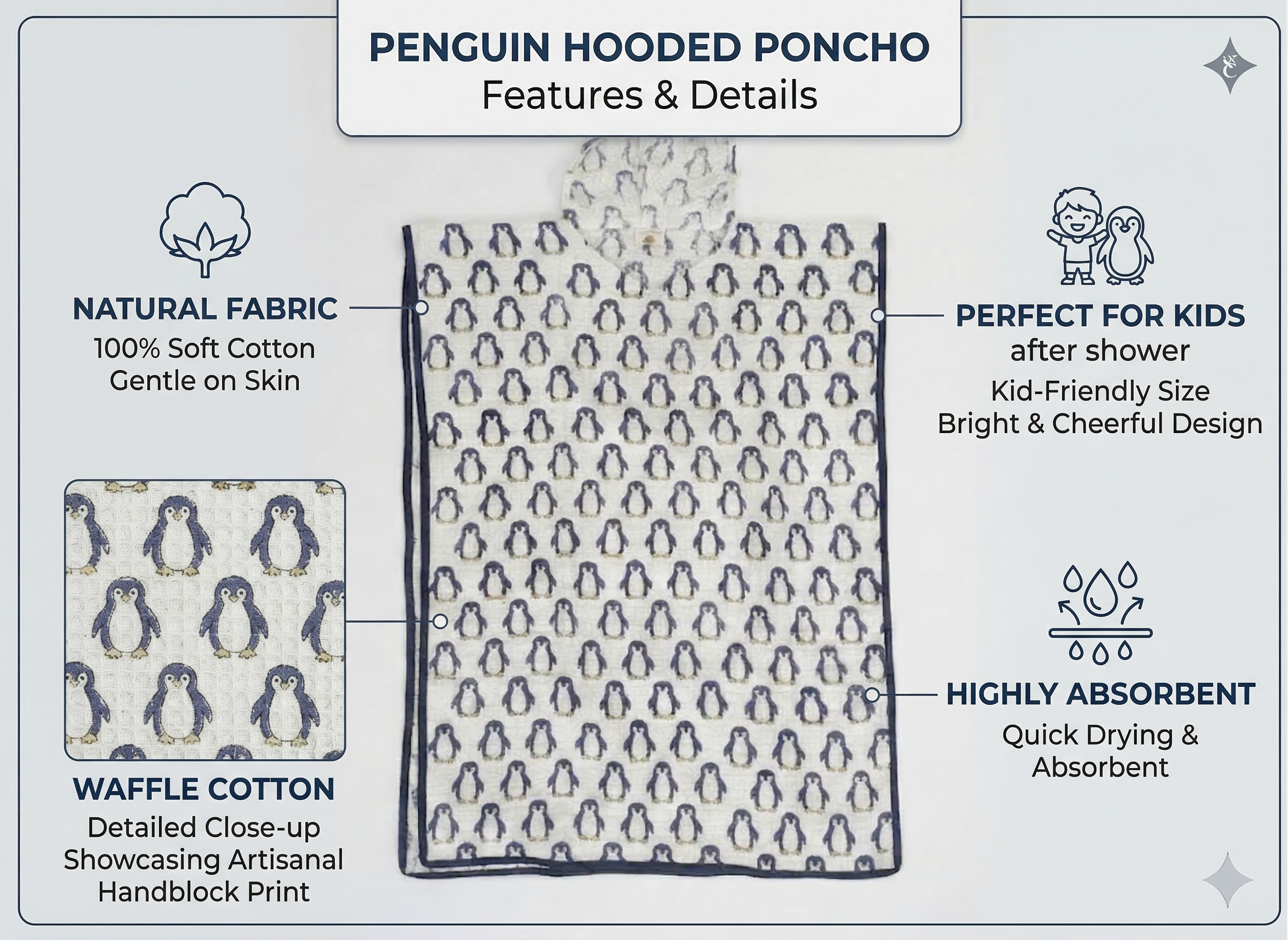Penguin Print 100% Waffle Cotton Baby Hooded Penguin Hooded Poncho Towel