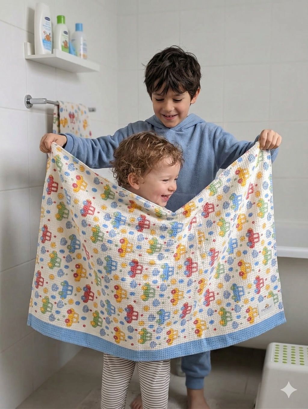 Little Chiku Premium Waffle-Knit Kids Bath Towel - Highly Absorbent & Skin-Friendly (Bus & Car Print, 125x75 cm)
