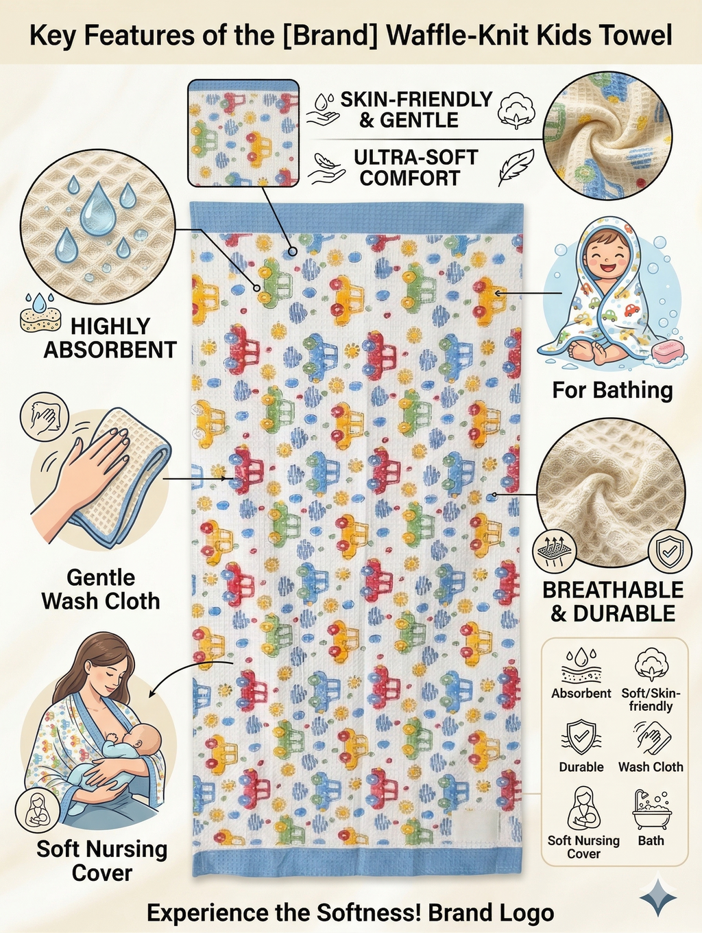 Little Chiku Premium Waffle-Knit Kids Bath Towel - Highly Absorbent & Skin-Friendly (Bus & Car Print, 125x75 cm)