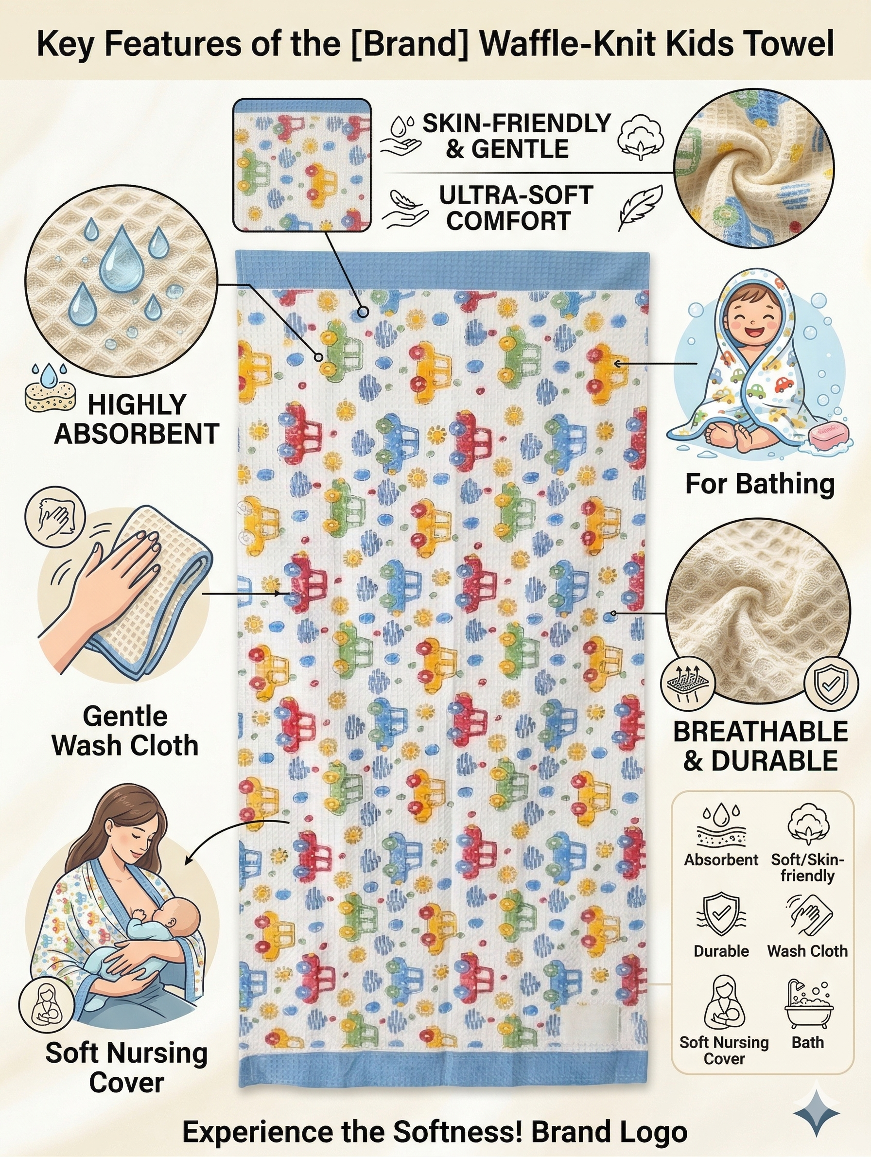 Little Chiku Premium Waffle-Knit Kids Bath Towel - Highly Absorbent & Skin-Friendly (Bus & Car Print, 125x75 cm)