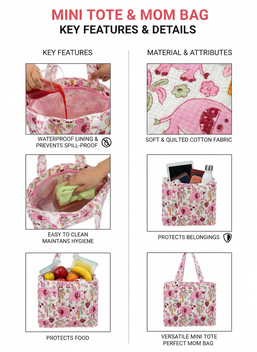 Mini Tote Bag-assorted-0-12 Years and Free Size Pink elephant and tropical palm tree print