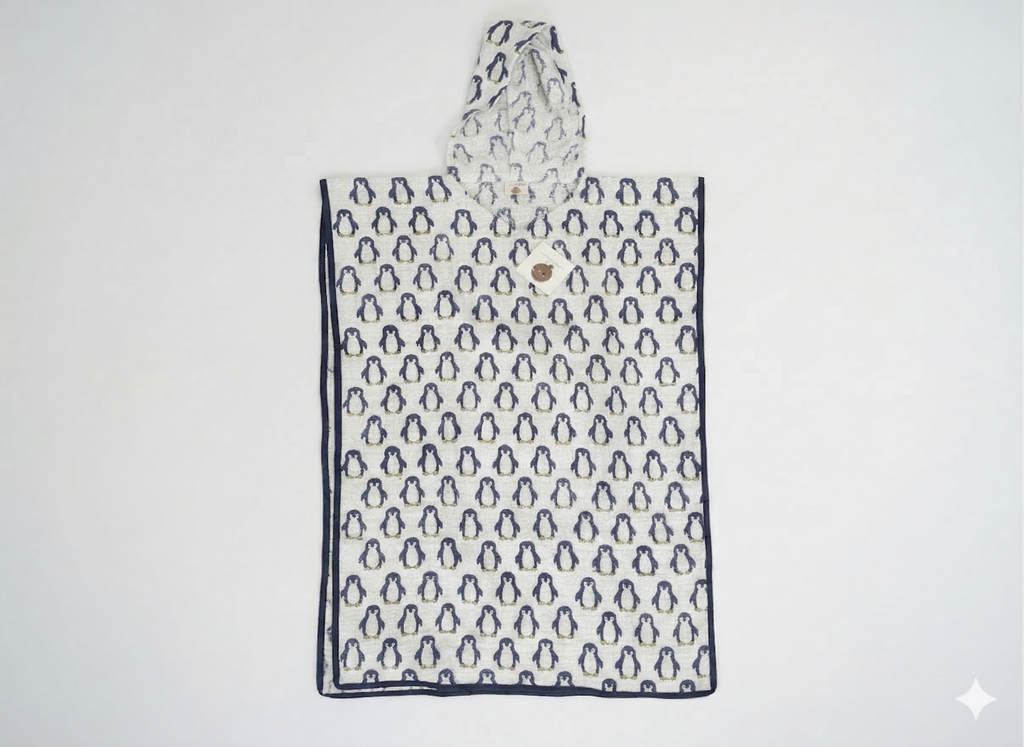 Penguin Print 100% Waffle Cotton Baby Hooded Penguin Hooded Poncho Towel
