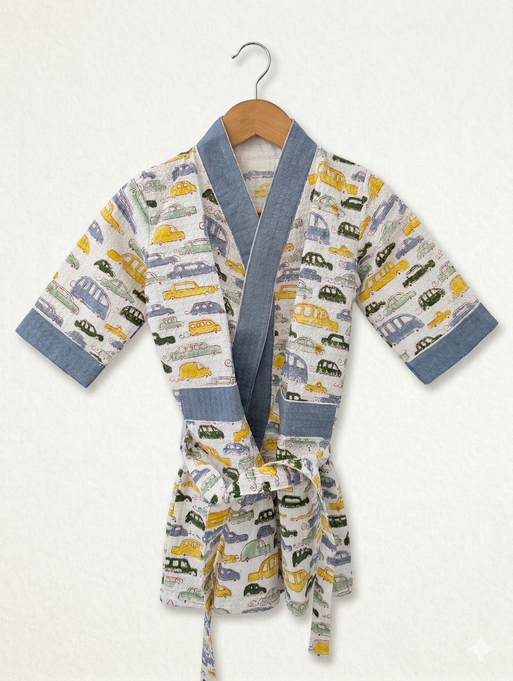Kids 100% Cotton Waffle Bathrobe - Bus & Car Print - Blue/Yellow/Green