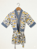 Kids 100% Cotton Waffle Bathrobe - Bus & Car Print - Blue/Yellow/Green