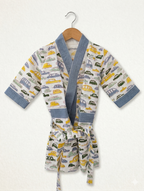 Kids 100% Cotton Waffle Bathrobe - Bus & Car Print - Blue/Yellow/Green