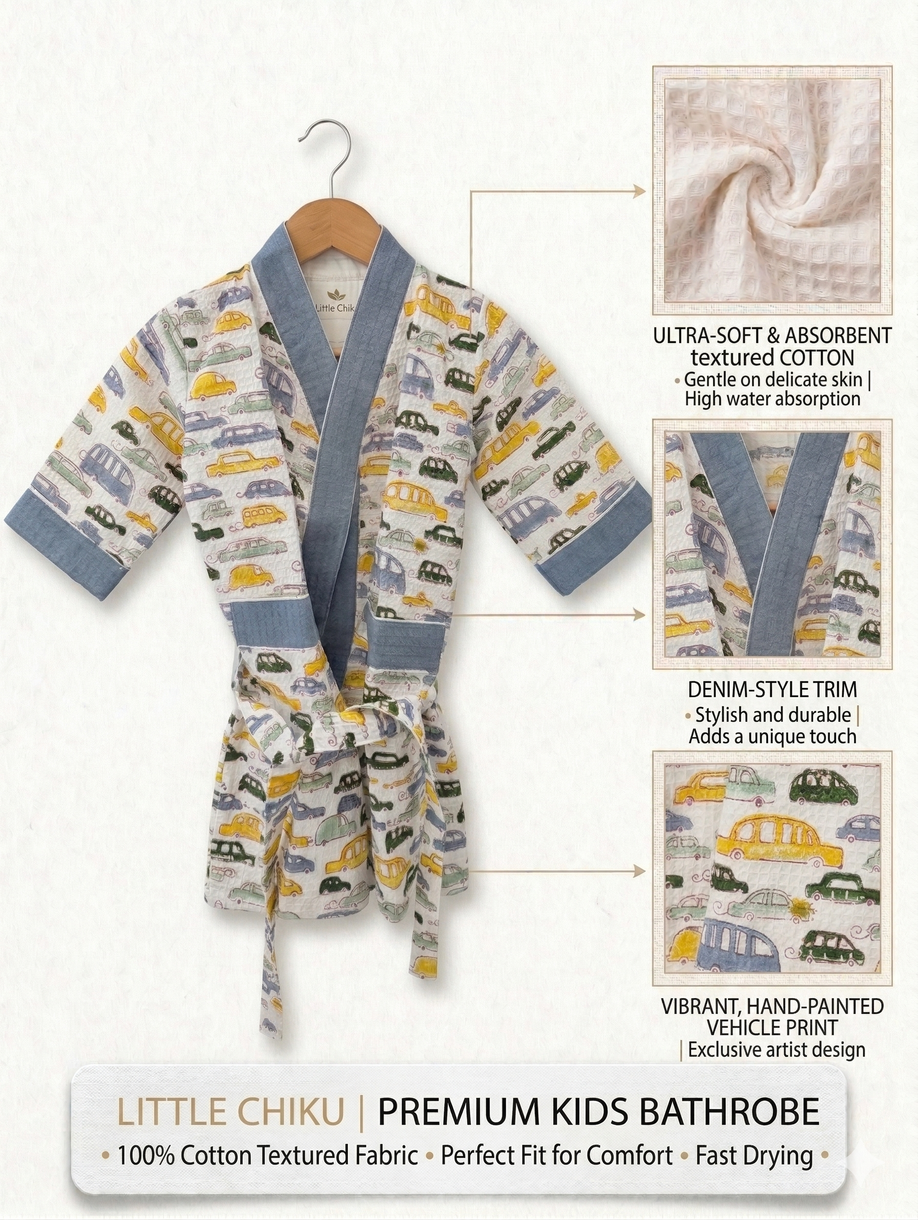 Kids 100% Cotton Waffle Bathrobe - Bus & Car Print - Blue/Yellow/Green