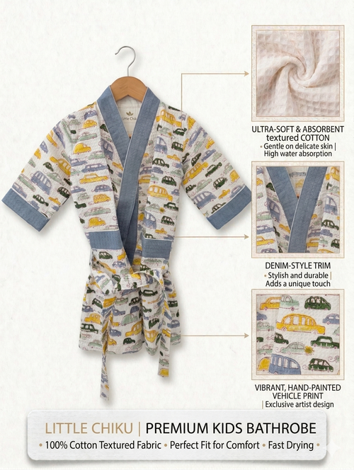 Kids 100% Cotton Waffle Bathrobe - Bus & Car Print - Blue/Yellow/Green