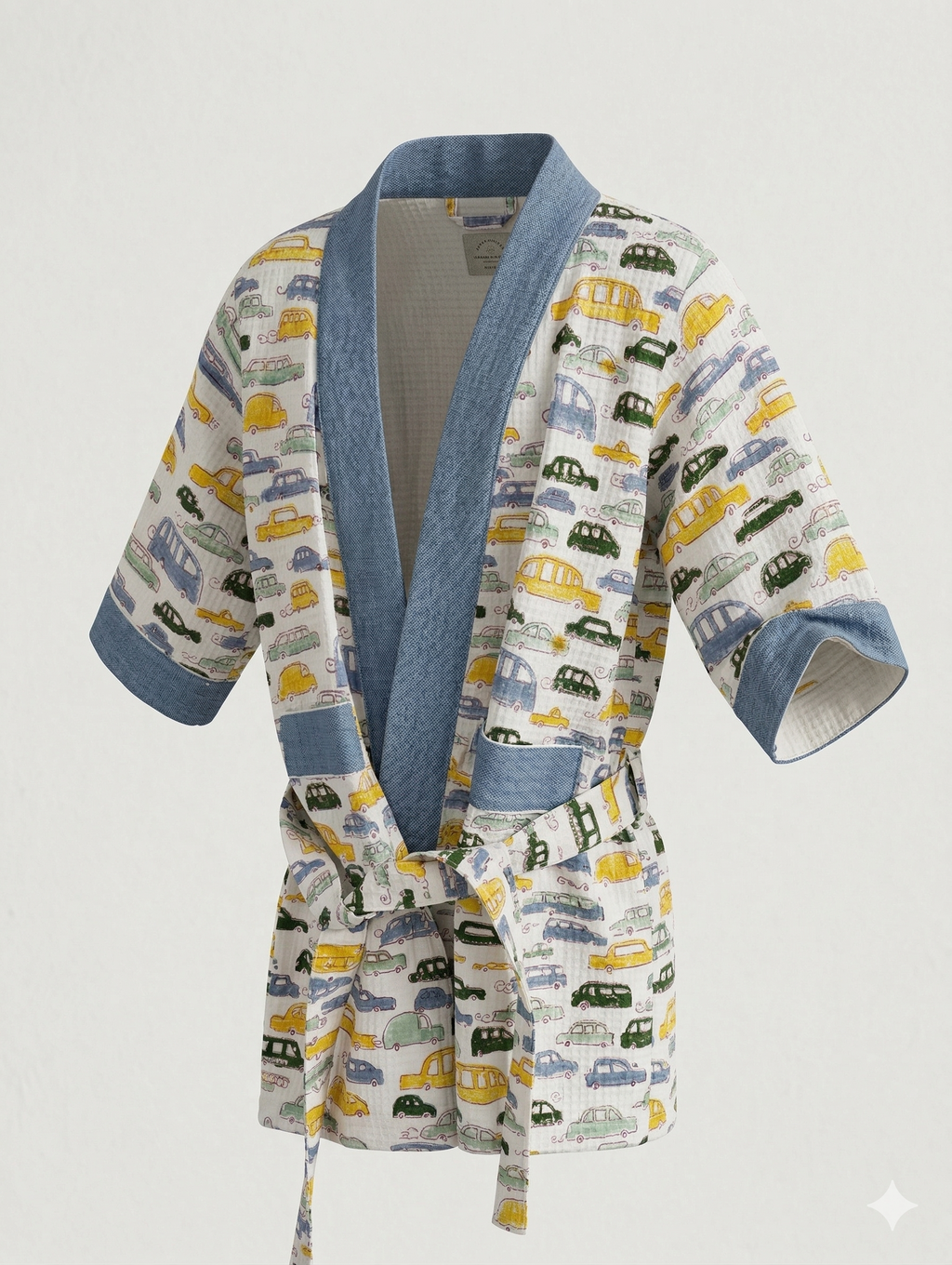 Kids 100% Cotton Waffle Bathrobe - Bus & Car Print - Blue/Yellow/Green