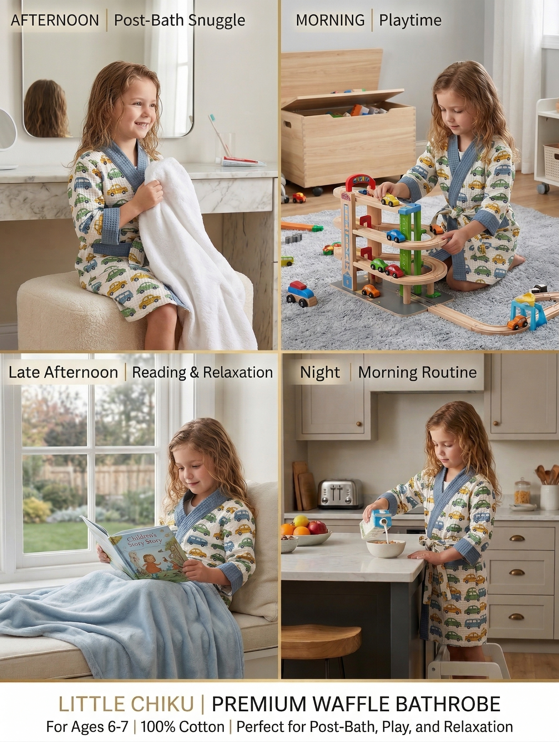 Kids 100% Cotton Waffle Bathrobe - Bus & Car Print - Blue/Yellow/Green