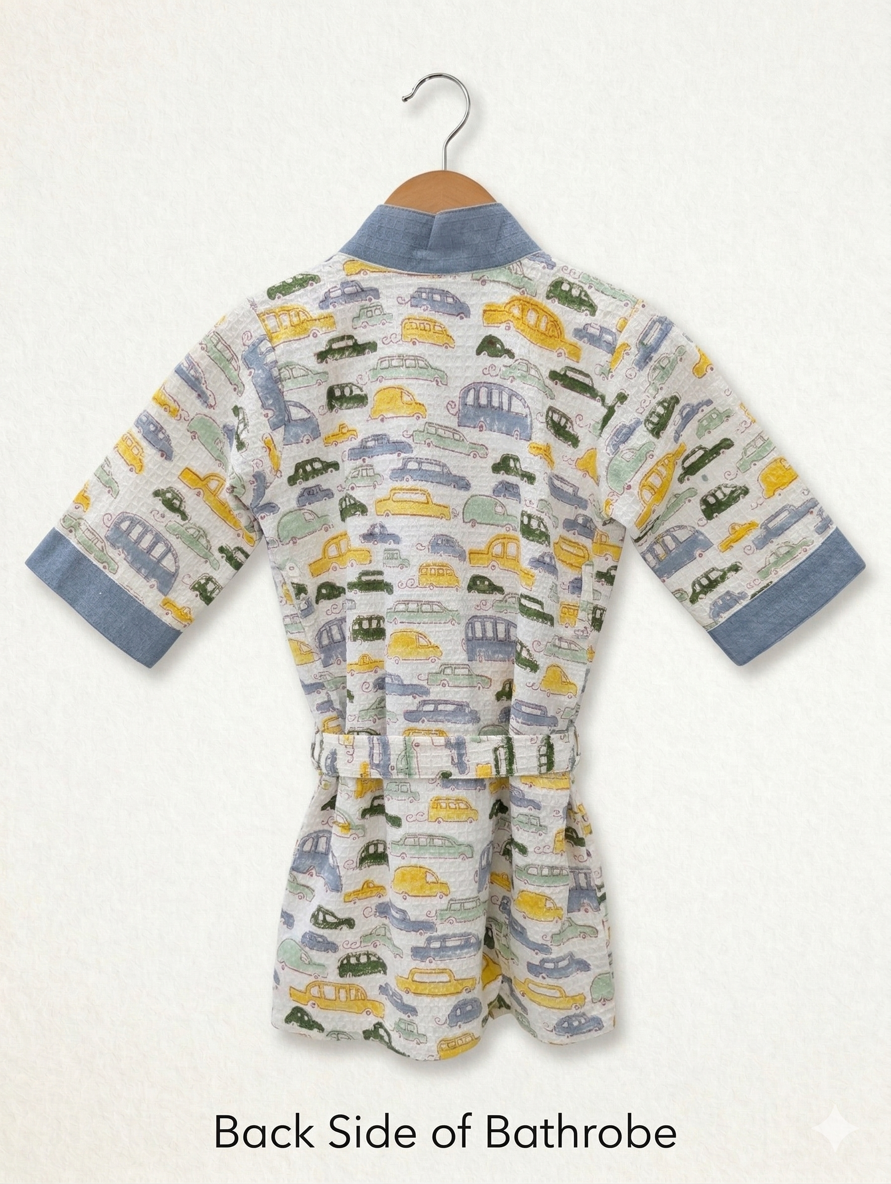 Kids 100% Cotton Waffle Bathrobe - Bus & Car Print - Blue/Yellow/Green