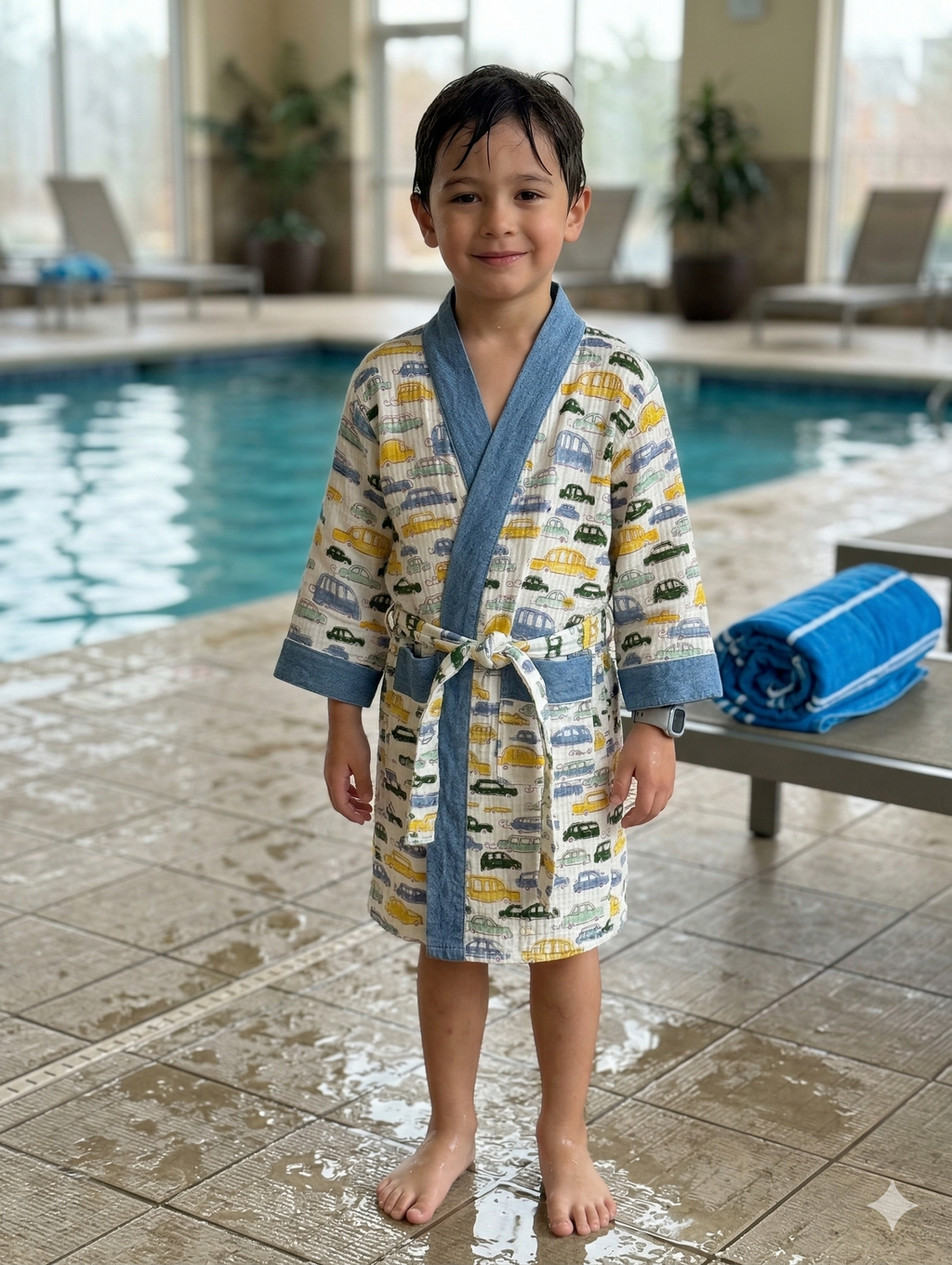 Kids 100% Cotton Waffle Bathrobe - Bus & Car Print - Blue/Yellow/Green