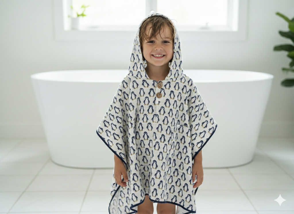 Penguin Print 100% Waffle Cotton Baby Hooded Penguin Hooded Poncho Towel