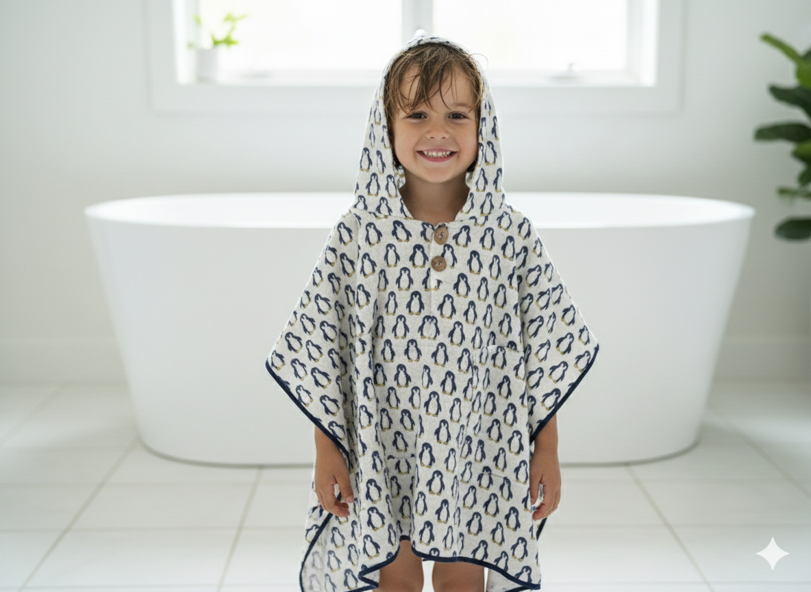 Penguin Print 100% Waffle Cotton Baby Hooded Penguin Hooded Poncho Towel
