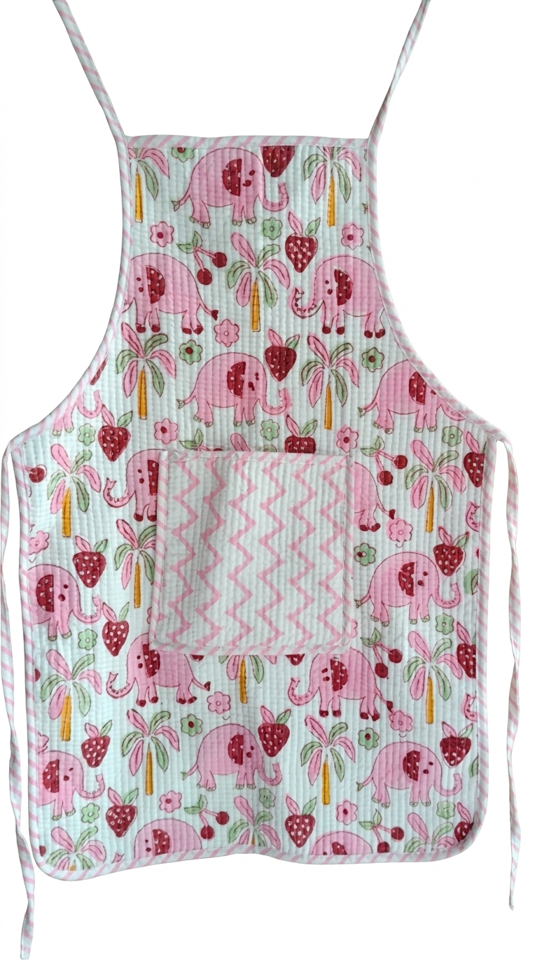Kids Aprons-assorted-0-12 Years and Free Size  Pink Elephant &amp; Strawberry Print