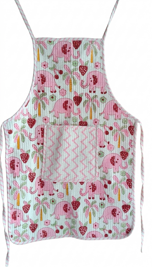 Kids Aprons-assorted-0-12 Years and Free Size  Pink Elephant &amp; Strawberry Print
