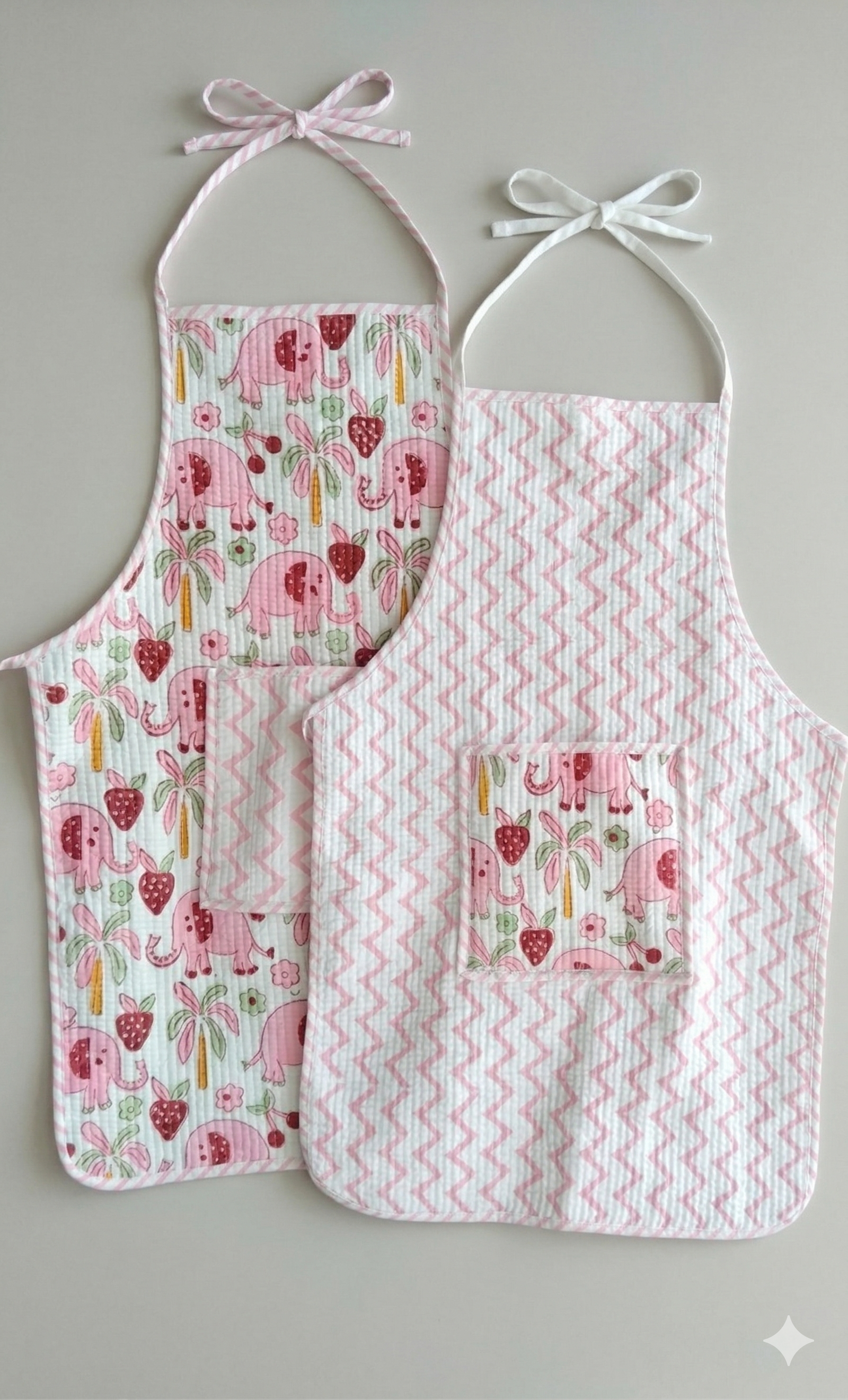 Kids Aprons-assorted-0-12 Years and Free Size  Pink Elephant &amp; Strawberry Print
