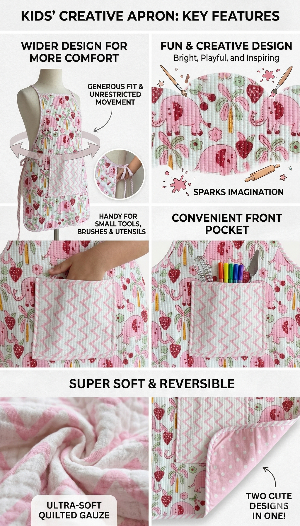 Kids Aprons-assorted-0-12 Years and Free Size  Pink Elephant &amp; Strawberry Print