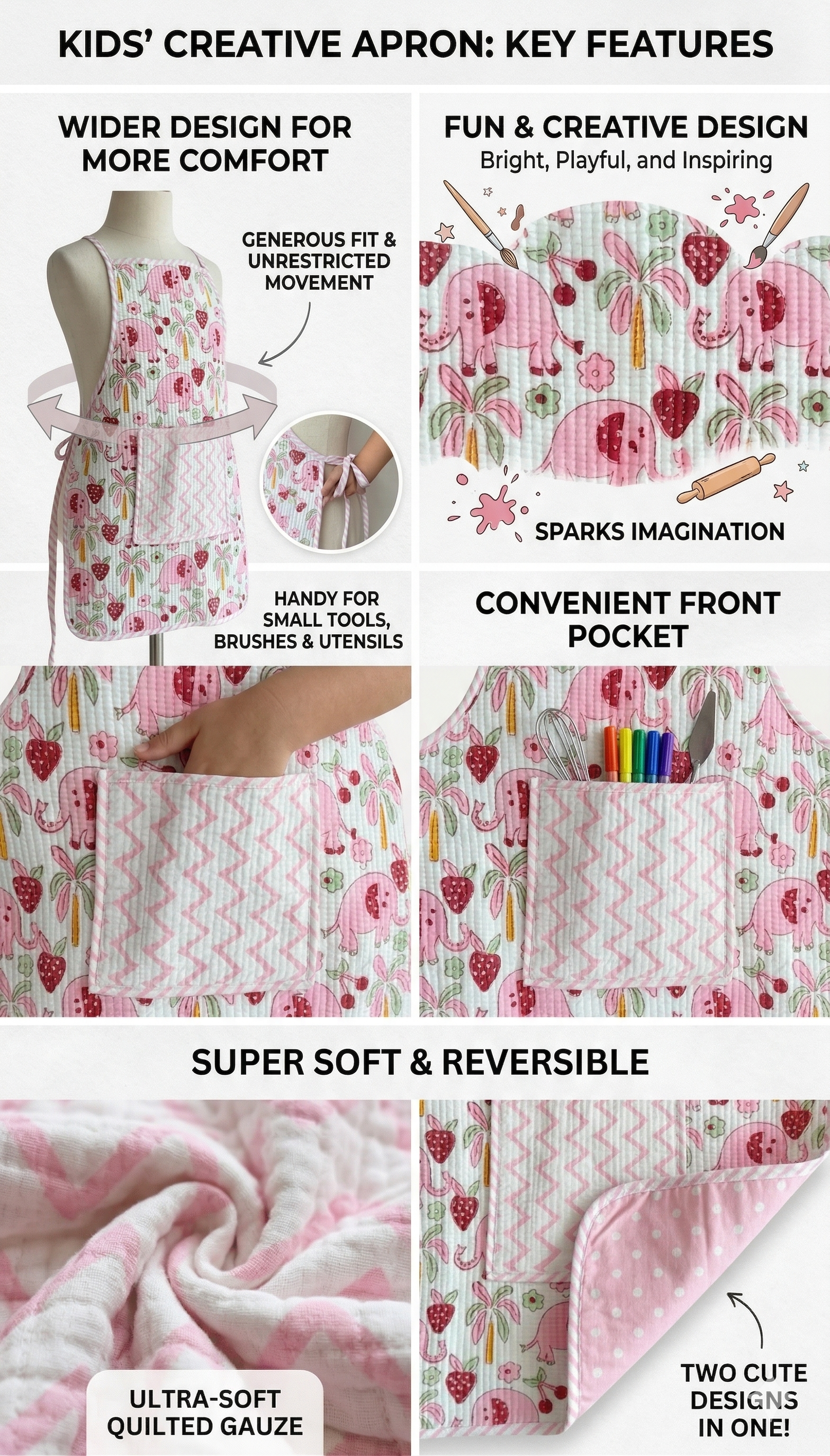 Kids Aprons-assorted-0-12 Years and Free Size  Pink Elephant &amp; Strawberry Print