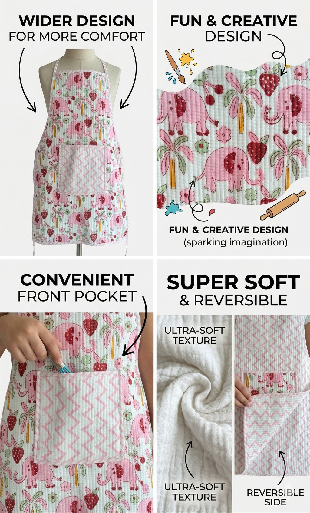Kids Aprons-assorted-0-12 Years and Free Size  Pink Elephant &amp; Strawberry Print