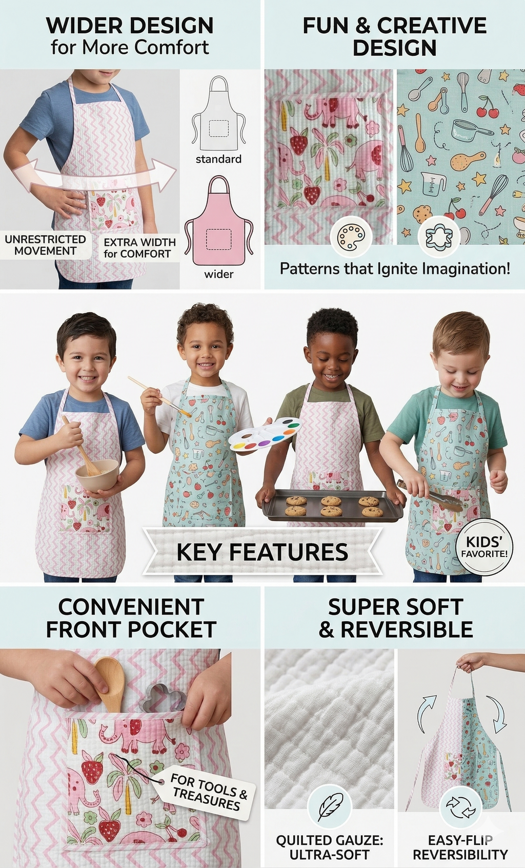 Kids Aprons-assorted-0-12 Years and Free Size  Pink Elephant &amp; Strawberry Print