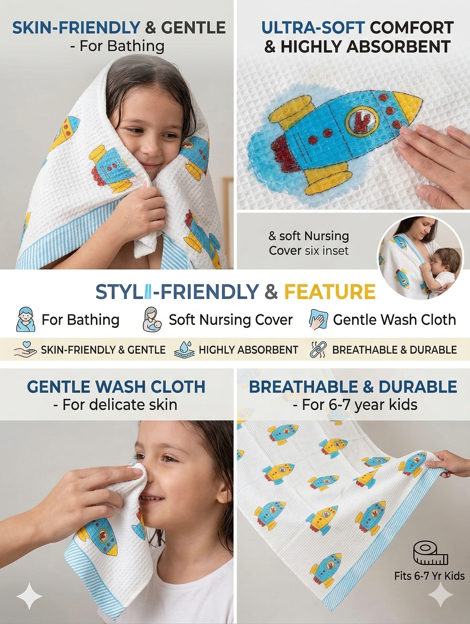 Little Chiku Premium Waffle-Knit Kids Bath Towel - Highly Absorbent & Skin-Friendly (Rocket Space Print, 125x75 cm)