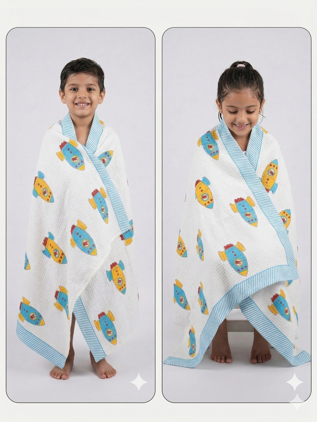 Little Chiku Premium Waffle-Knit Kids Bath Towel - Highly Absorbent & Skin-Friendly (Rocket Space Print, 125x75 cm)