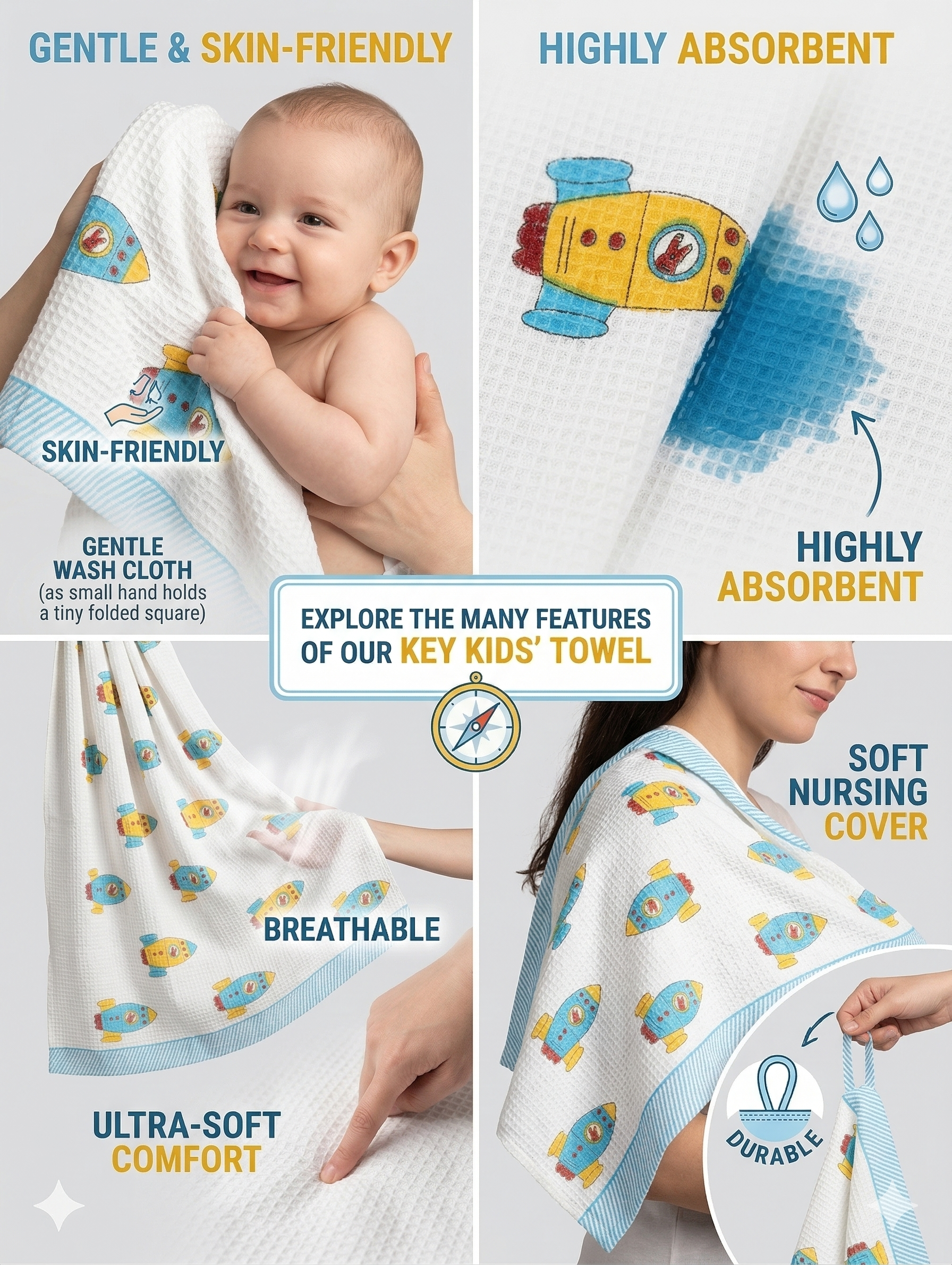 Little Chiku Premium Waffle-Knit Kids Bath Towel - Highly Absorbent & Skin-Friendly (Rocket Space Print, 125x75 cm)