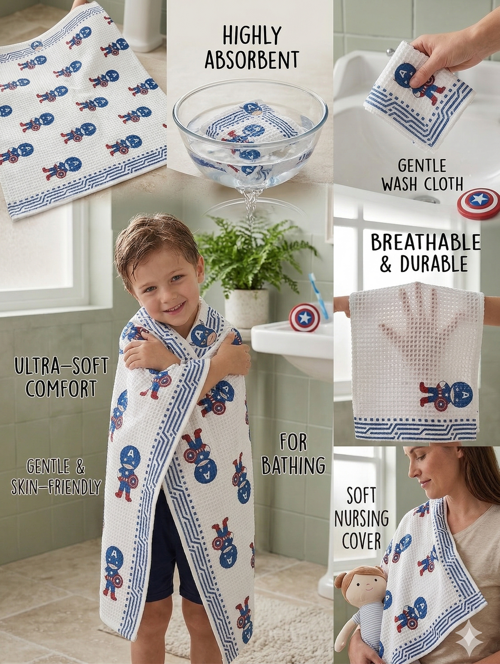Little Chiku Premium Waffle-Knit Kids Bath Towel - 100% Cotton & Highly Absorbent (Avenger Theme, 125x75 cm)