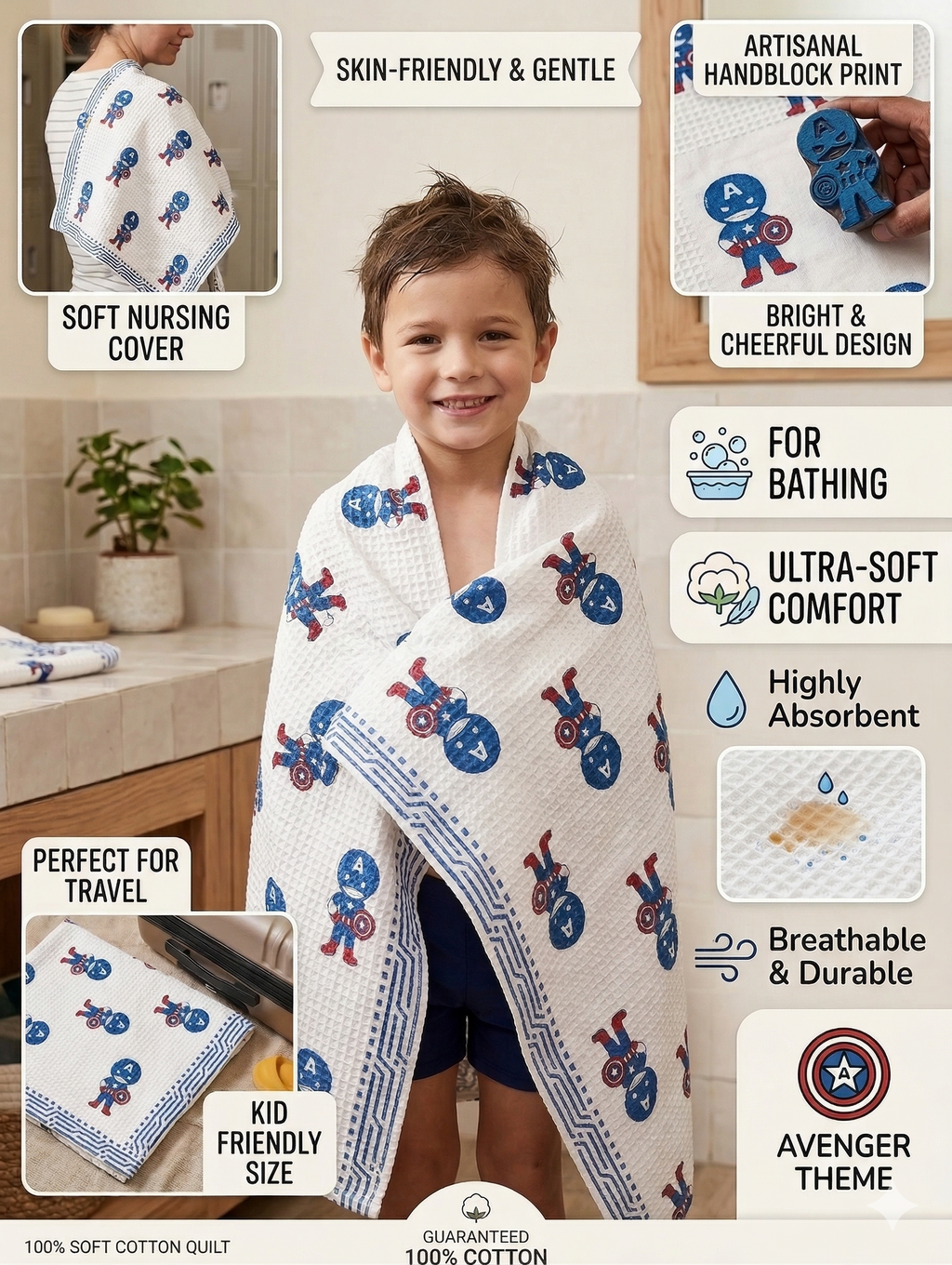Little Chiku Premium Waffle-Knit Kids Bath Towel - 100% Cotton & Highly Absorbent (Avenger Theme, 125x75 cm)