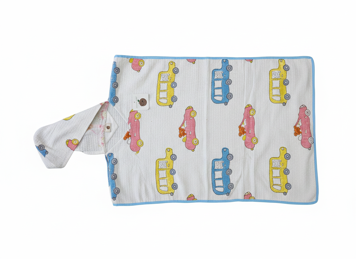 Kids' Car Print 100% Waffle Cotton Hooded Poncho (6-7 Years)
