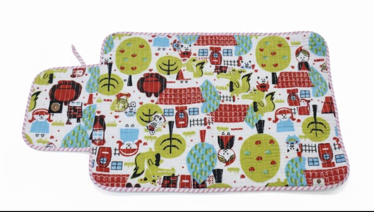 Little Chiku Premium Cotton Diaper Changing Mat - Waterproof & Foldable (Village Town Print)